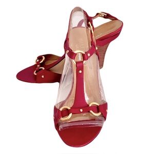 Valentino Red Leather Strappy Wedge Slingback Sandals, Size 37.5
